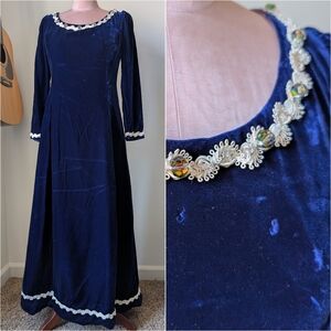Vintage Rich Blue Velvet Maxi Dress Long Sleeves AB Crystals No Tags